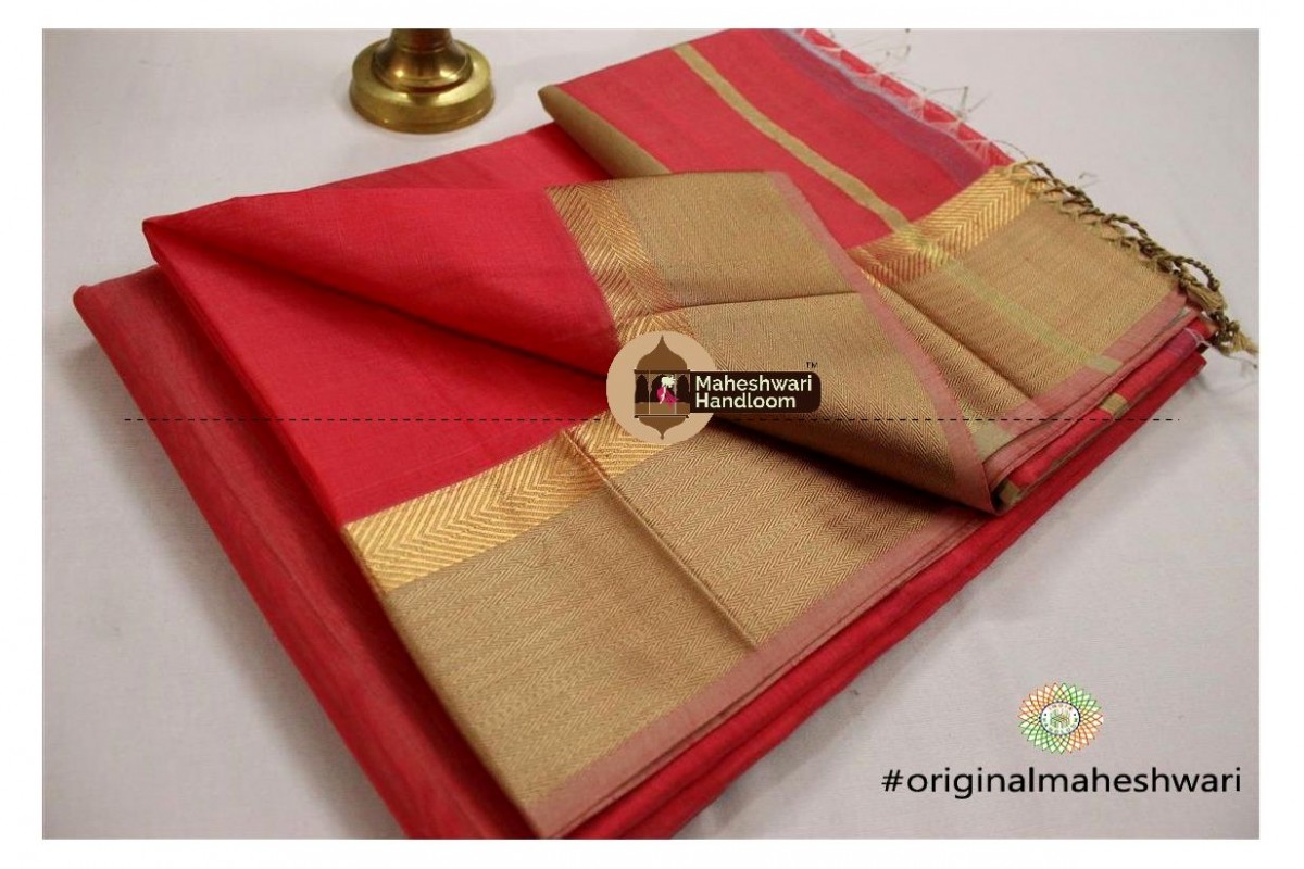 Maheshwari Peach tometo Resham Jari  Border saree
