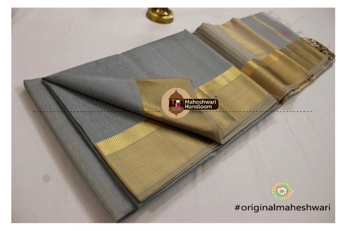 Maheshwari Tussar Grey Resham jari Border saree
