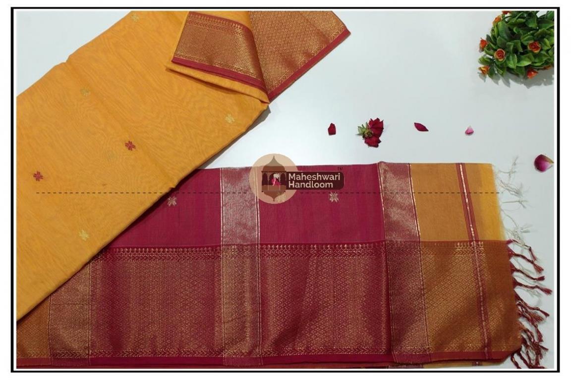 Maheshwari Yellow jari Skirt Buti Weaving saree 