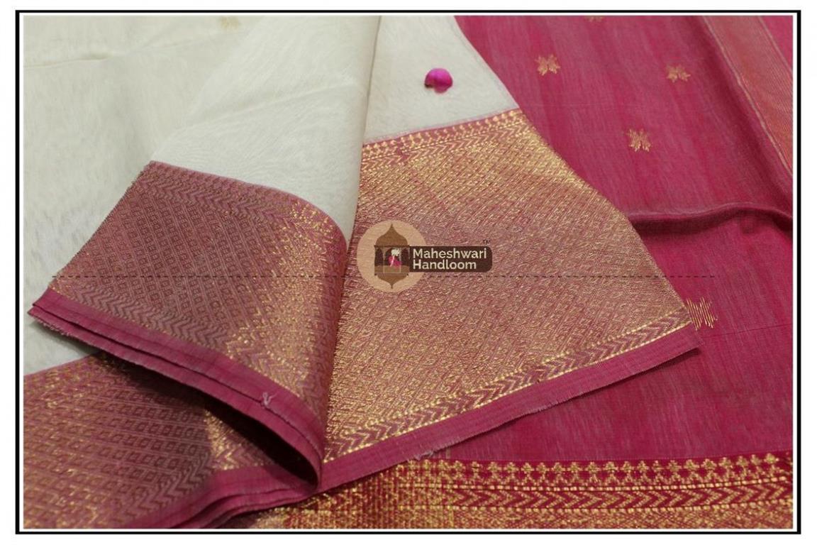 Maheshwari White jari Skirt Buti Weaving saree