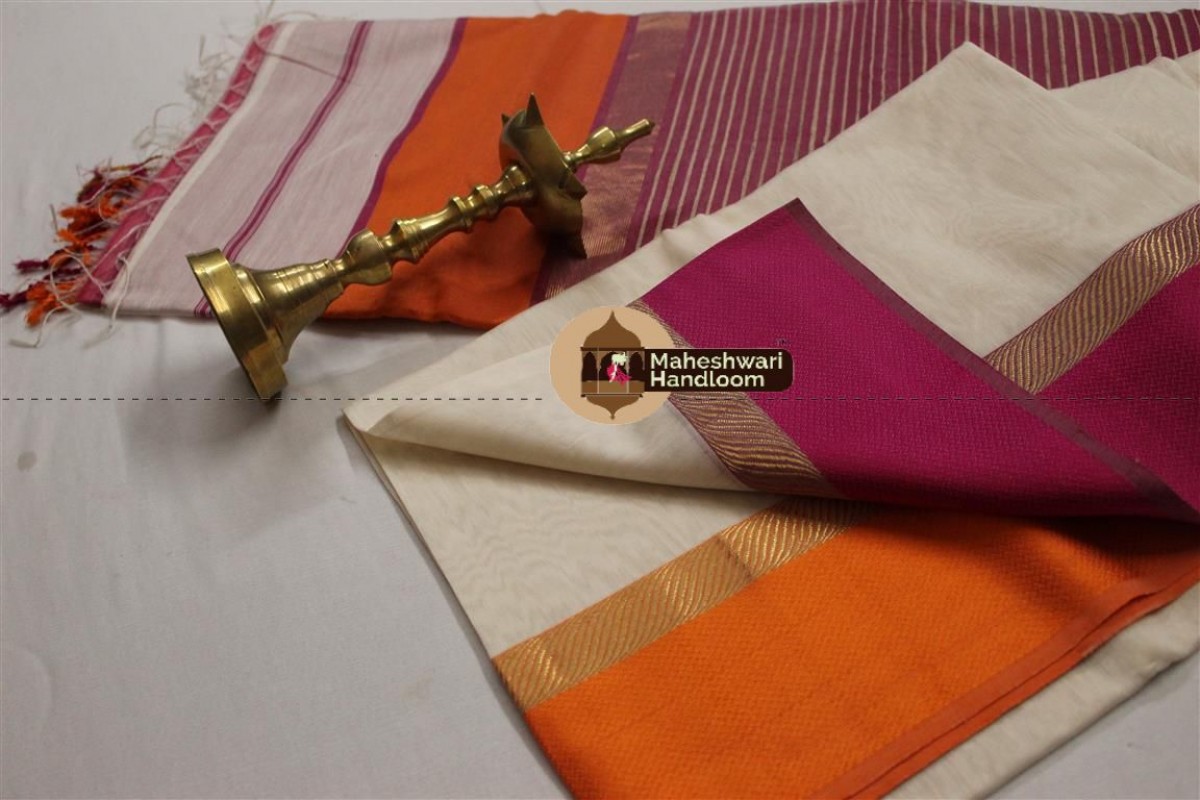 Maheshwari White Resham Border Saree