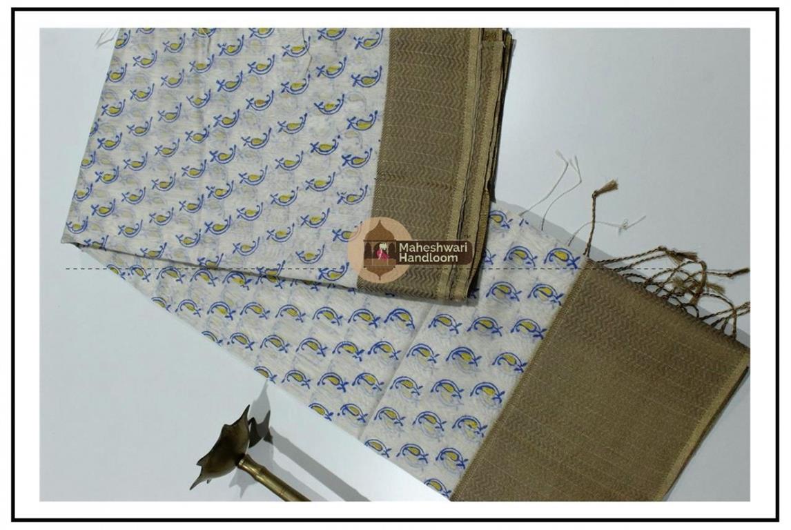 Maheshwari White Handblock Print Saree