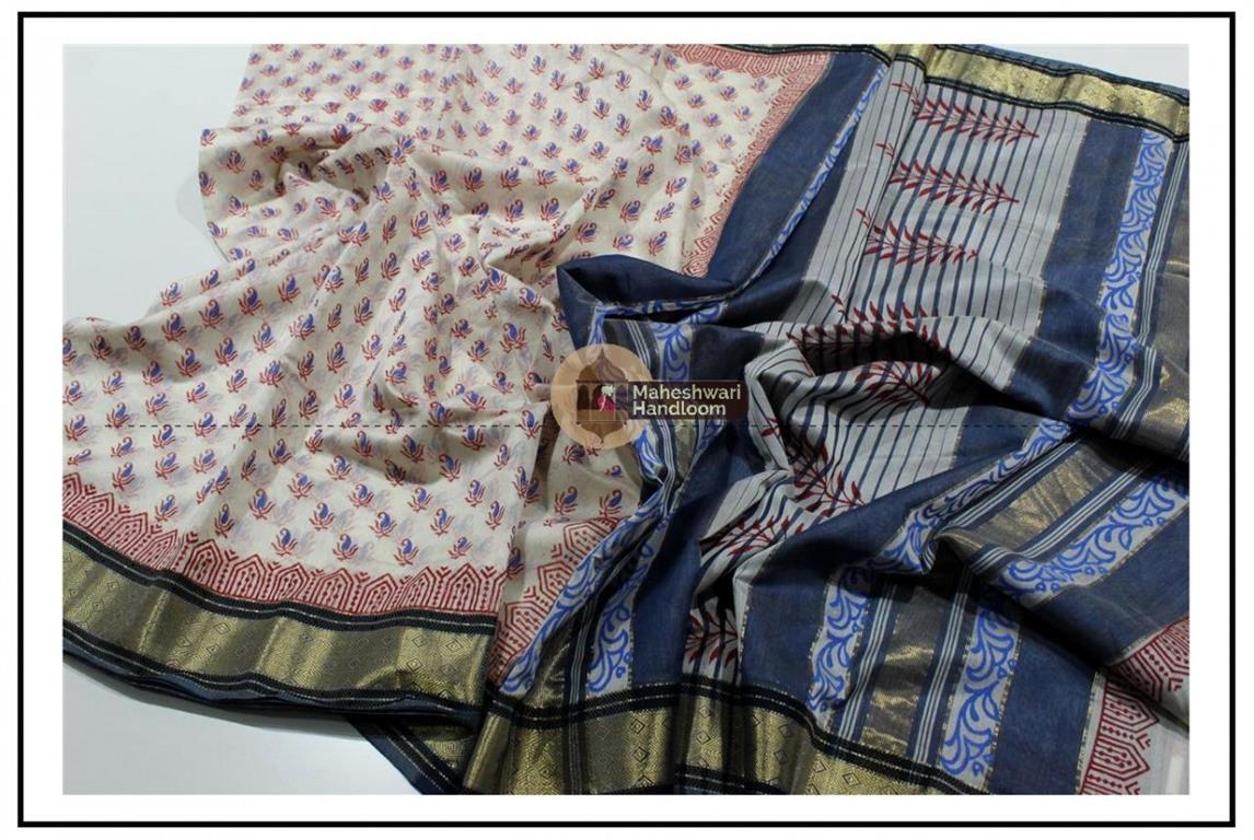 Maheshwari White Handblock Print Saree