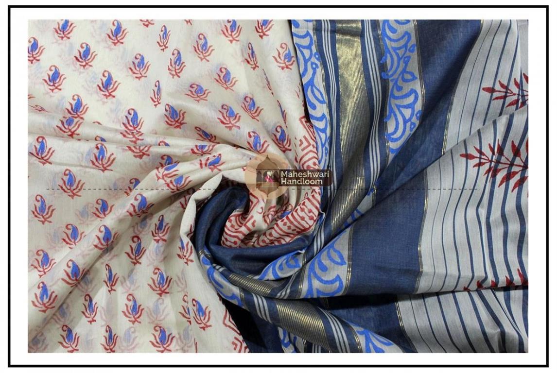 Maheshwari White Handblock Print Saree