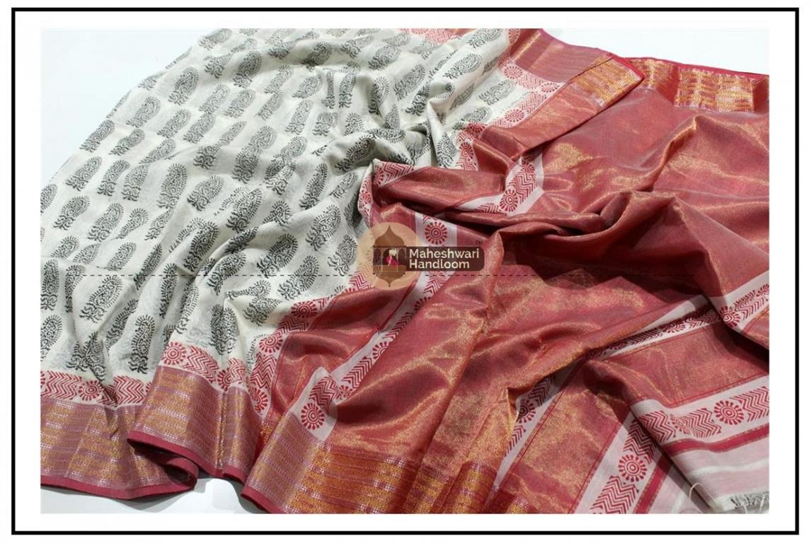 Maheshwari White Handblock Print Saree