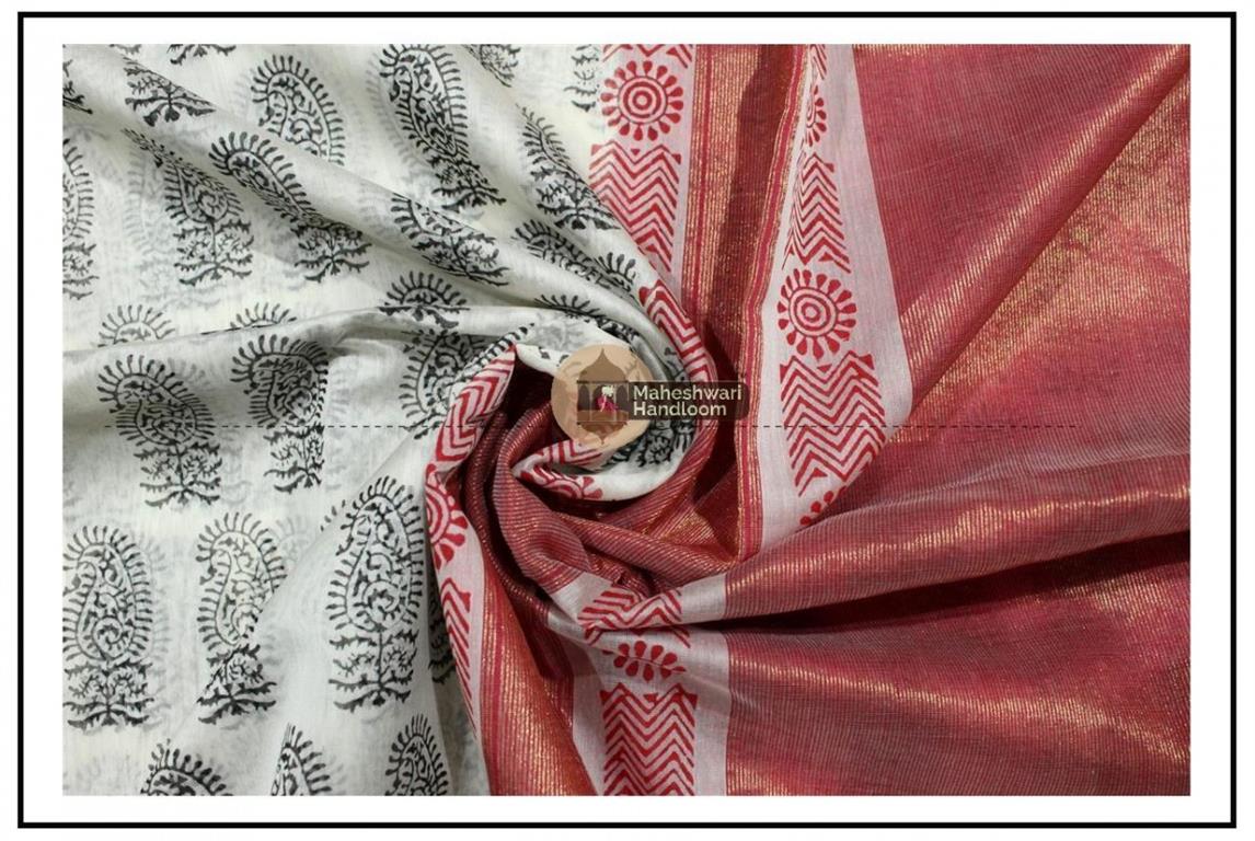 Maheshwari White Handblock Print Saree