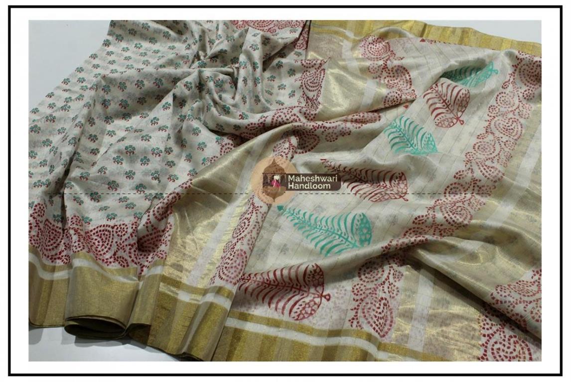 Maheshwari White Handblock Print Saree