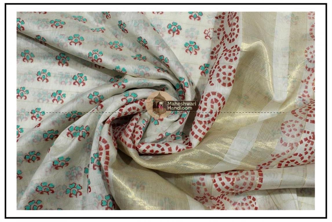 Maheshwari White Handblock Print Saree