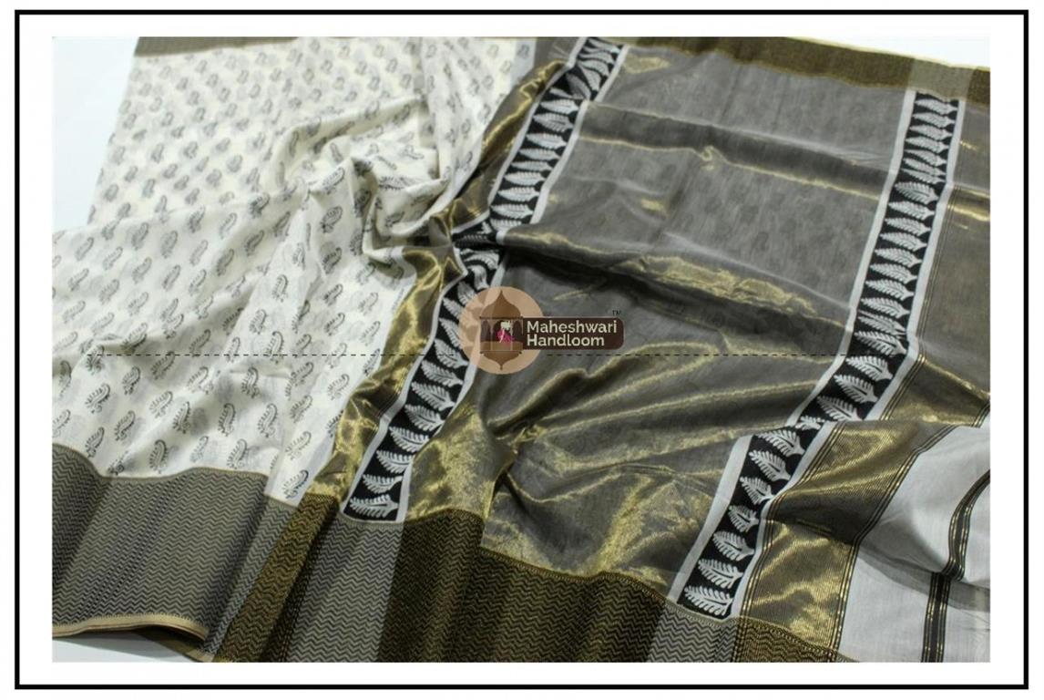 Maheshwari White Handblock Print Saree 