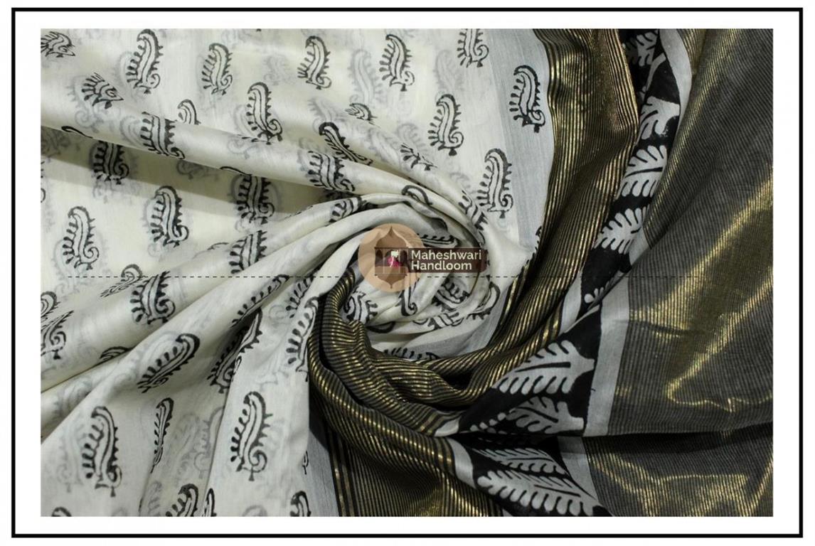 Maheshwari White Handblock Print Saree 