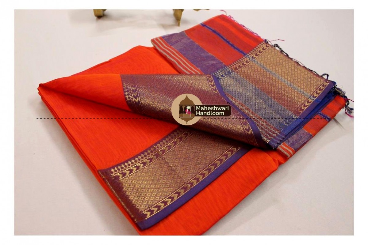 Maheshwari Orange Jari Diamond Chatai saree
