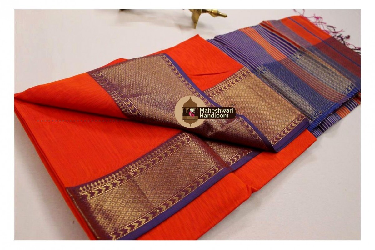 Maheshwari Orange Jari Diamond Chatai saree