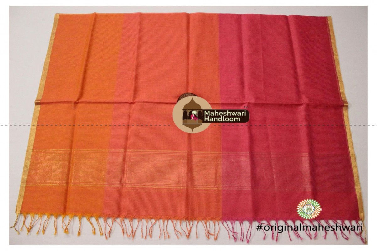 Maheshwari Orange and Pink Multicolour Silk Dupatta