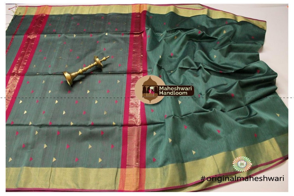 Maheshwari Viridian Green Triangle Buti - Motifs Saree