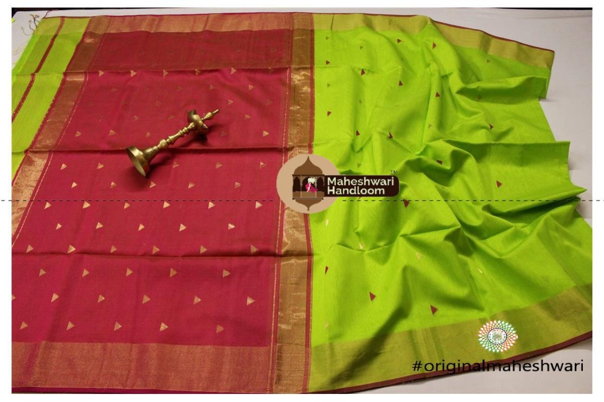 Maheshwari Lime Green Triangle Buti - Motifs Saree 