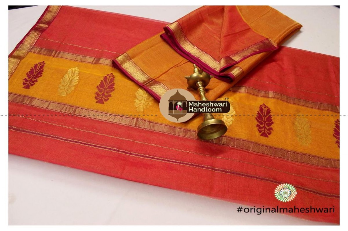 Maheshwari Golden Yellow-Tomato Red  Suit 