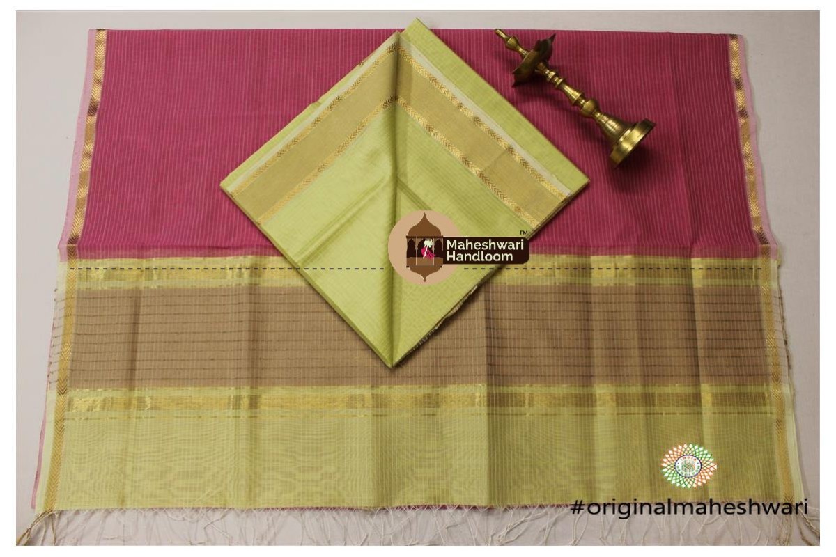 Maheshwari Yellow Green - Pink Top Dupatta Material