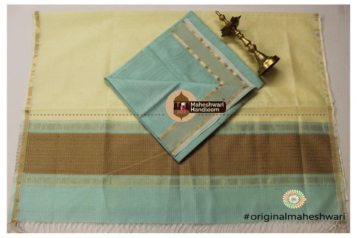 Maheshwari Peach Green -Cream Yellow Top Dupatta Material