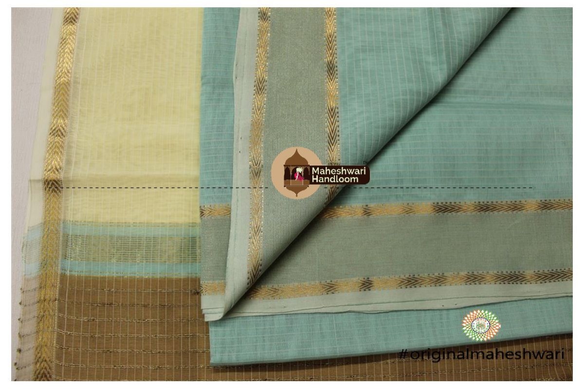 Maheshwari Peach Green -Cream Yellow Top Dupatta Material