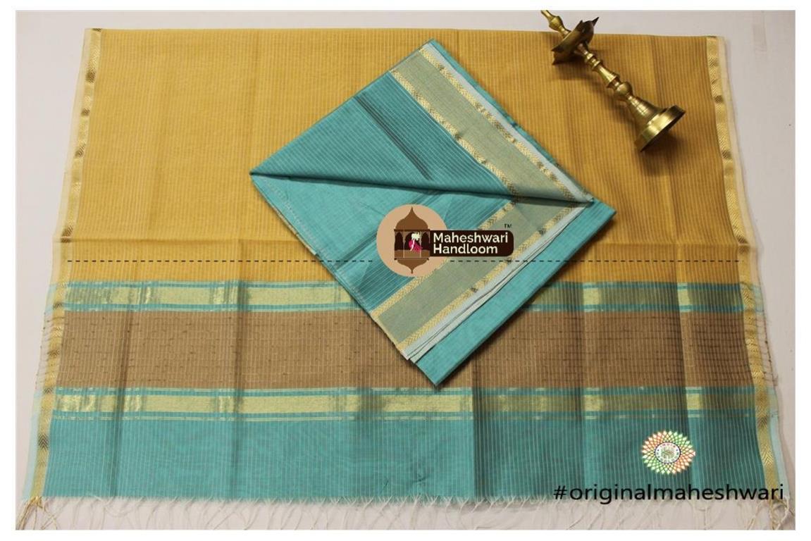 Maheshwari Dark Sea Green - Peach Yellow Top Dupatta Material