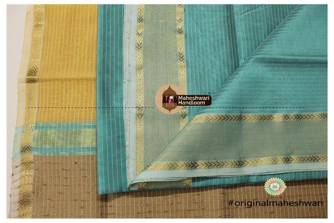 Maheshwari Dark Sea Green - Peach Yellow Top Dupatta Material