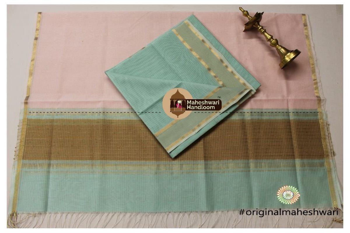 Maheshwari Sea Green-Peach Pink Top Dupatta Material