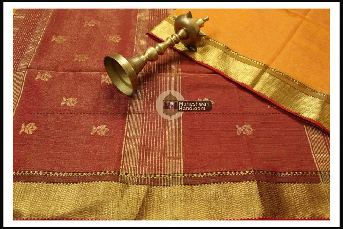 Maheshwari Golden Yellow Tissue Buti Pallu Weaving Saree