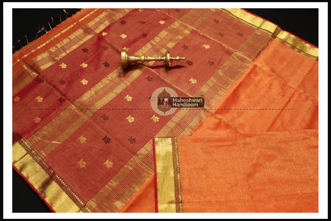 Maheshwari Light Orange Tissue Buti Pallu Weaving Saree