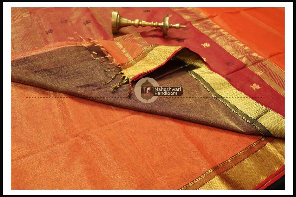 Maheshwari Light Orange Tissue Buti Pallu Weaving Saree