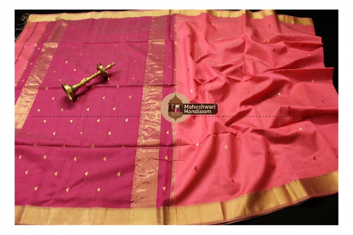 Maheshwari Coral Peach  Tringle Buti Weaving saree
