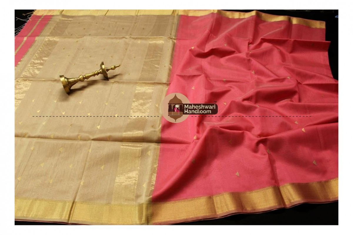 Maheshwari Carrot Red Tringle Buti Weaving saree