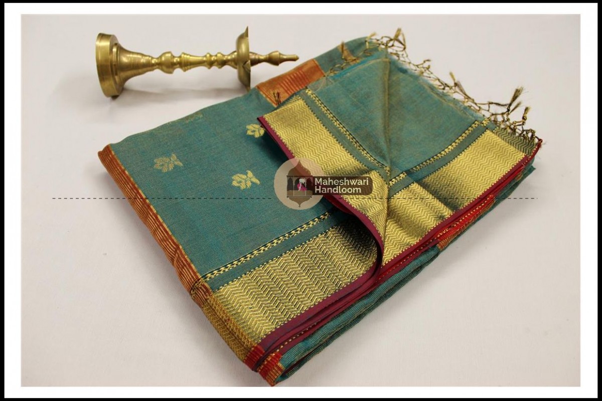 Maheshwari Firozi Tissue Buti Pallu Weaving Saree