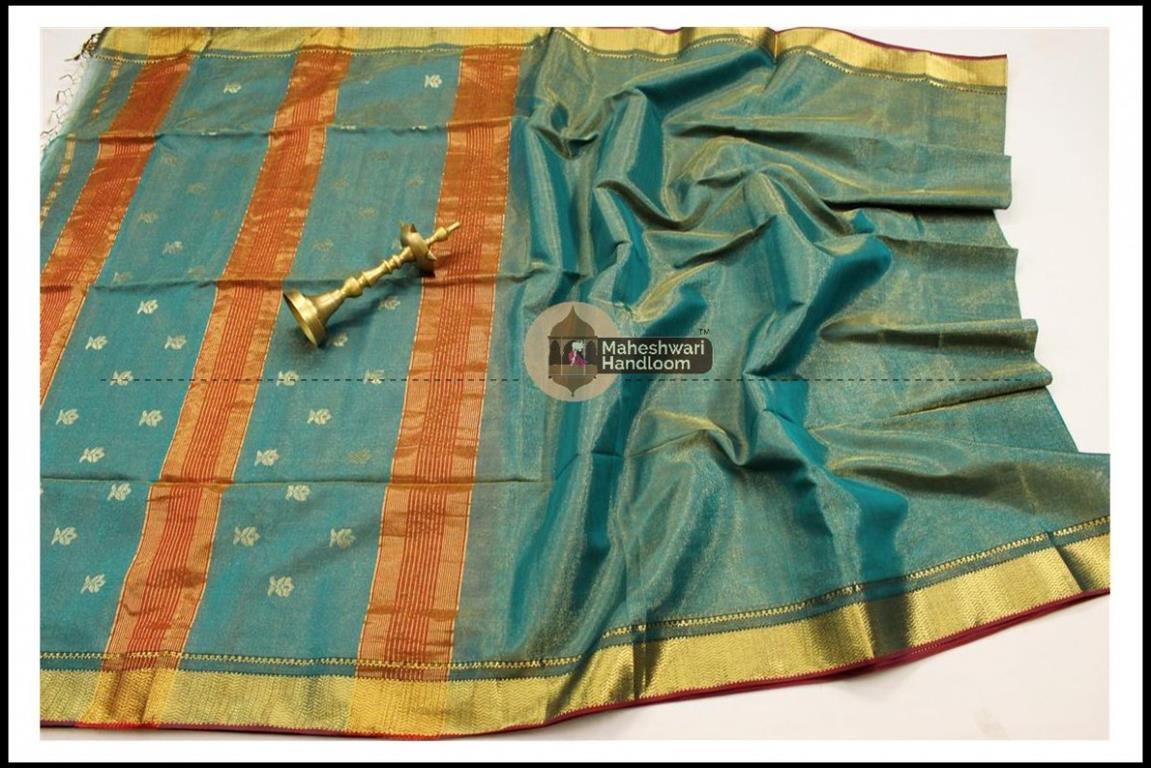 Maheshwari Firozi Tissue Buti Pallu Weaving Saree