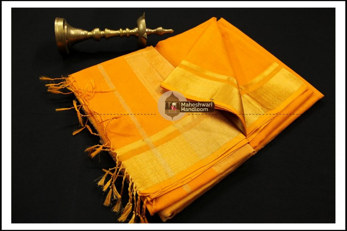 Maheshwari Golden Yellow Checks Fabric Saree