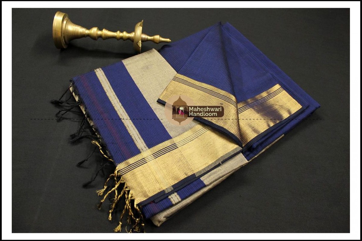 Maheshwari Royal Blue Checks Fabric Saree
