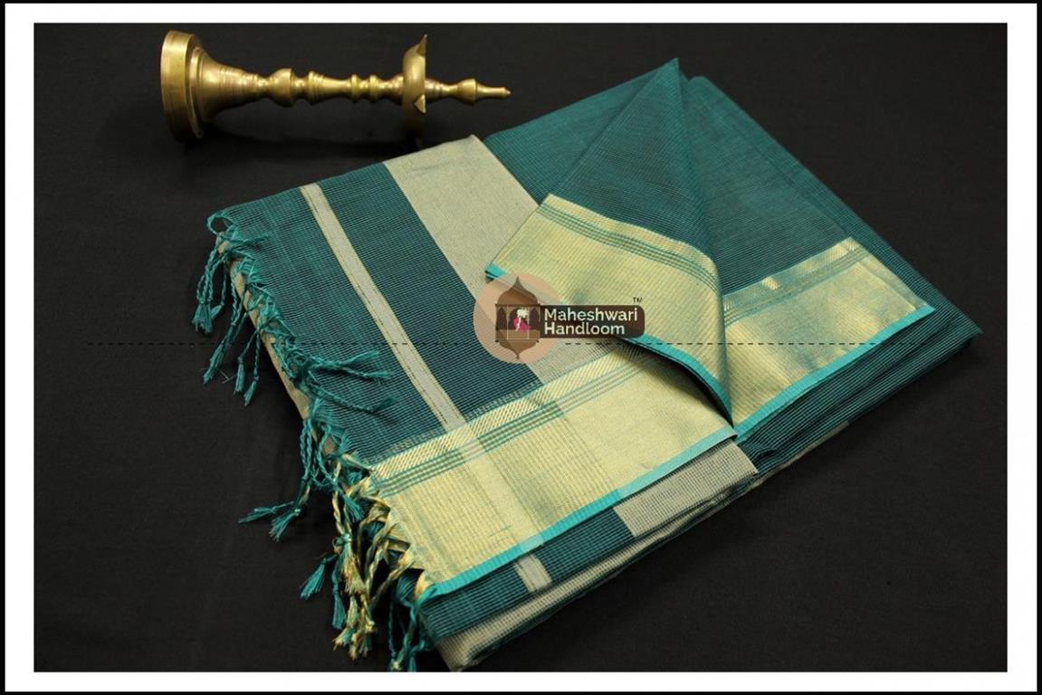 Maheshwari Light Rama Green Checks Fabric Saree