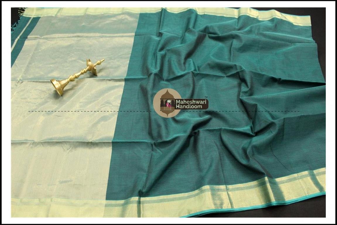 Maheshwari Light Rama Green Checks Fabric Saree