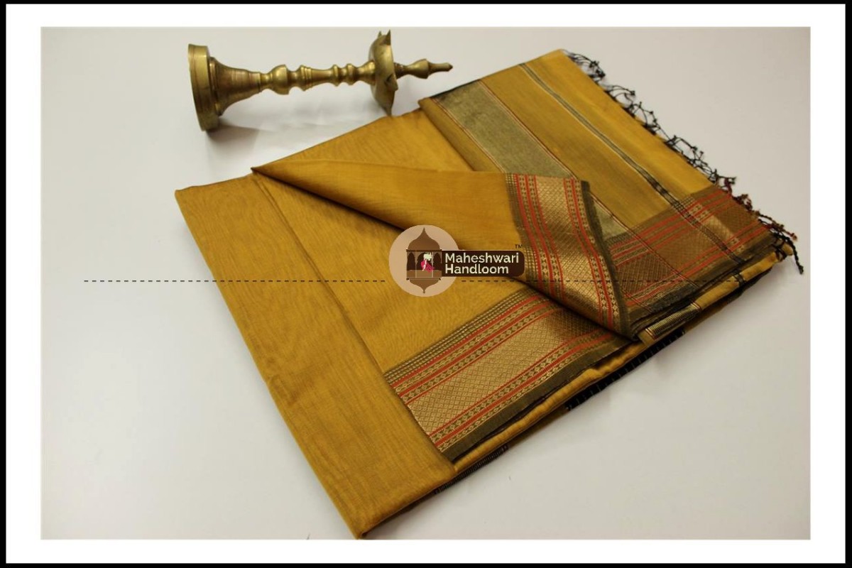 Maheshwari Mustard Yellow  Jari Hansa Border Saree
