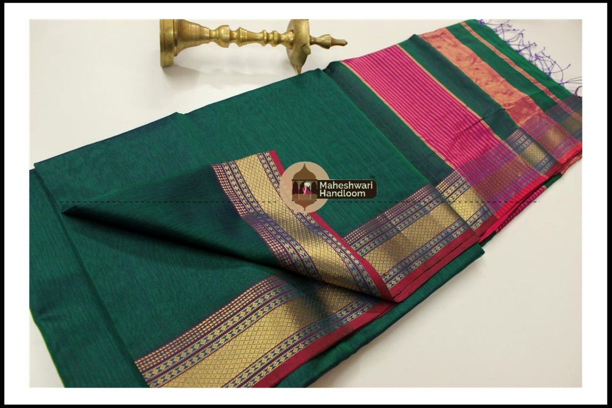 Maheshwari Rama Green Jari Hansa Border Saree