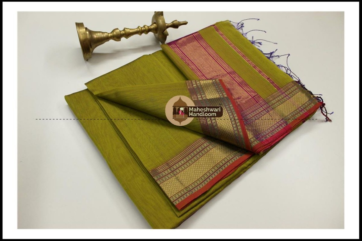Maheshwari Mehandi Green Jari Hansa Border Saree 