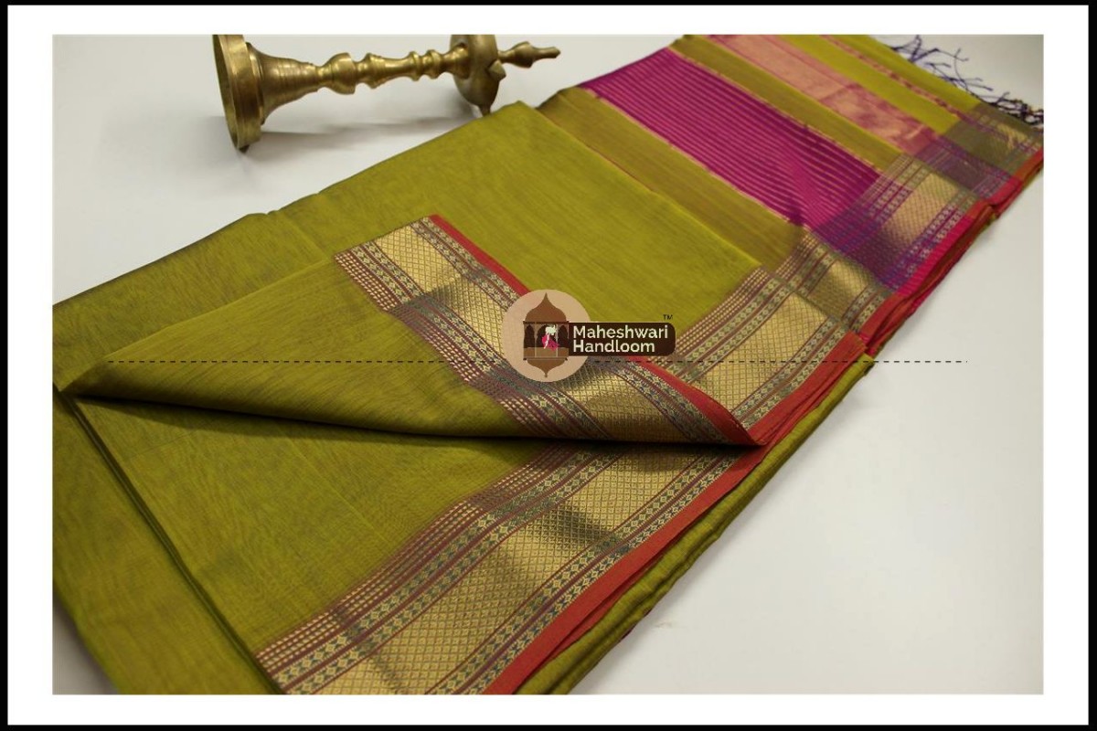Maheshwari Mehandi Green Jari Hansa Border Saree 