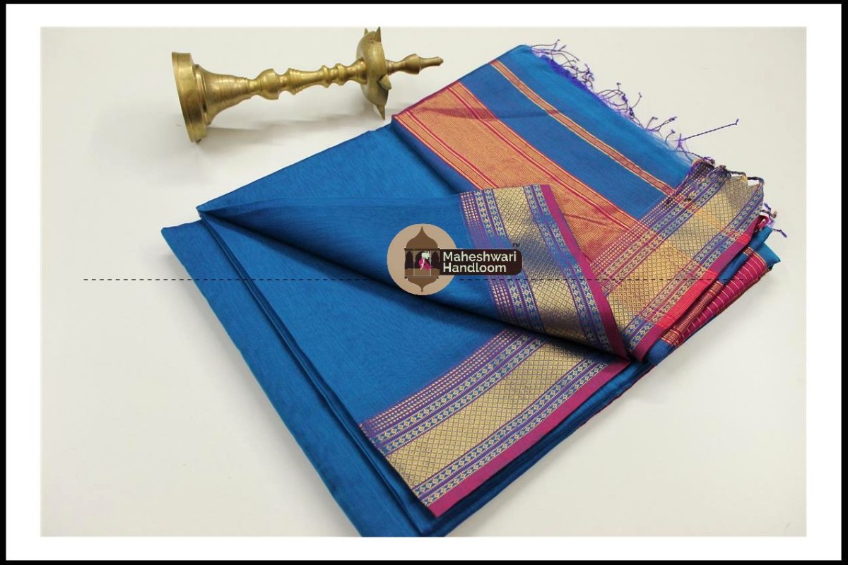 Maheshwari Blue  Jari Hansa Border Saree