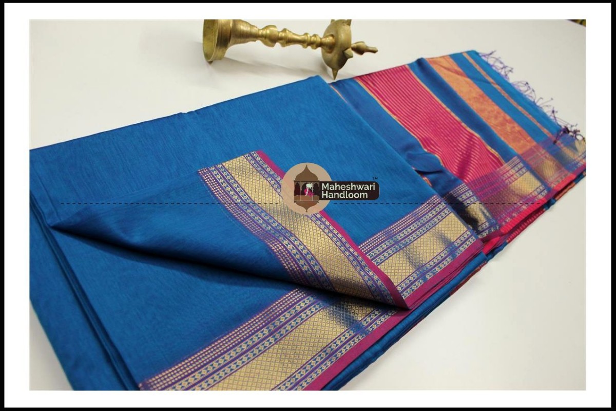 Maheshwari Blue  Jari Hansa Border Saree