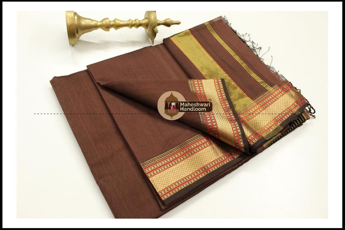 Maheshwari Chocolate Brown  Jari Hansa Border Saree