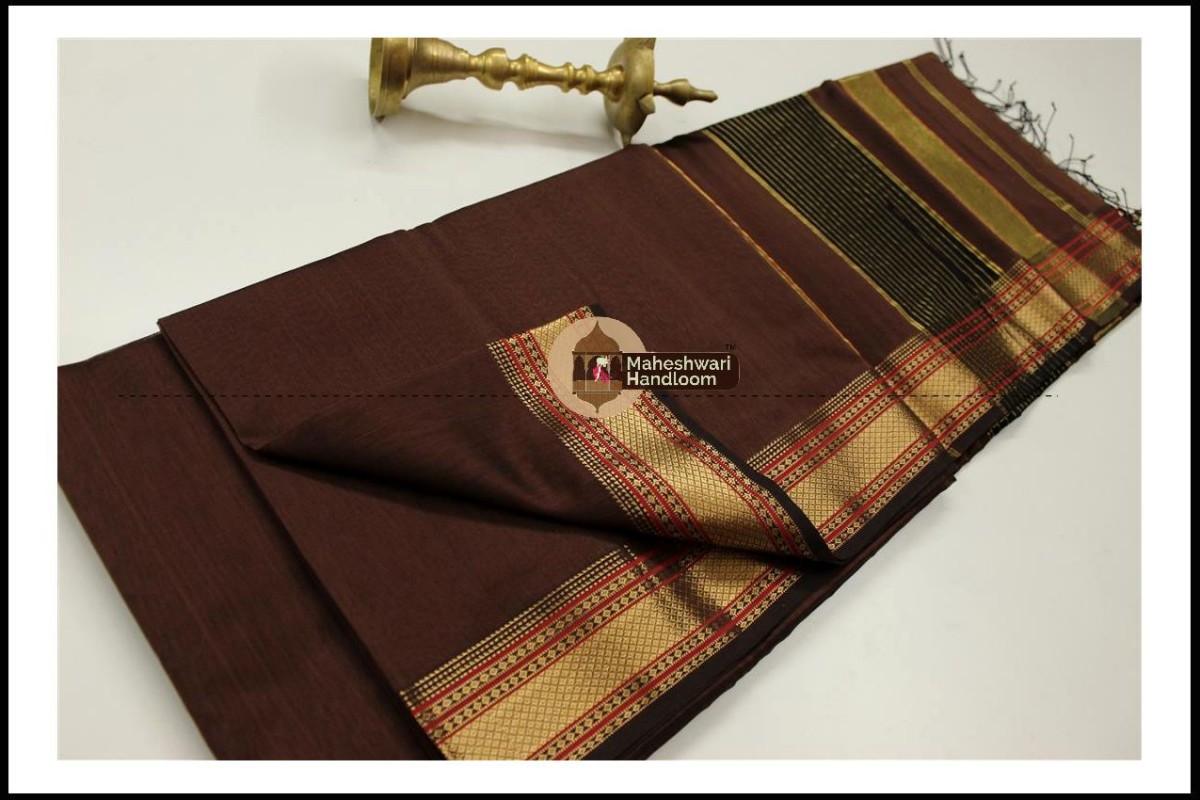 Maheshwari Chocolate Brown  Jari Hansa Border Saree