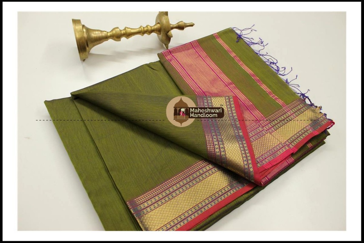 Maheshwari Mehandi Green  Jari Hansa Border Saree