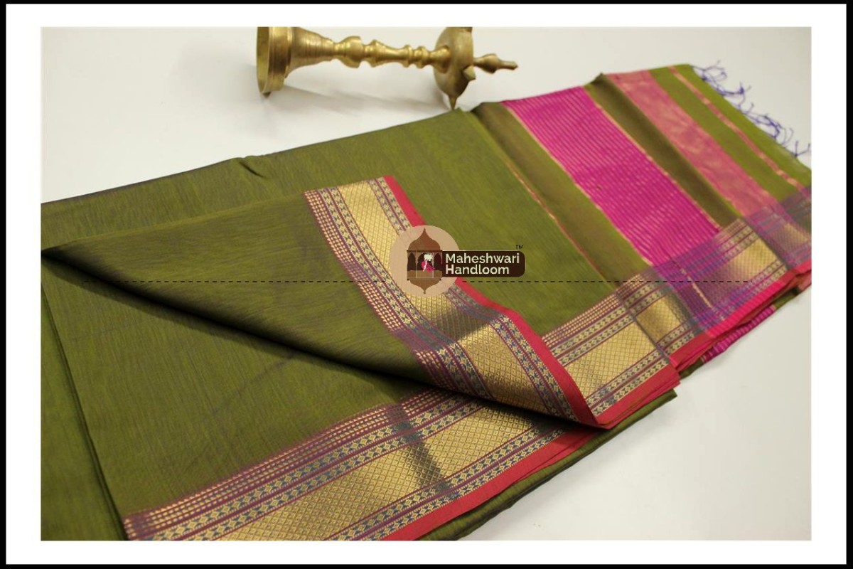 Maheshwari Mehandi Green  Jari Hansa Border Saree