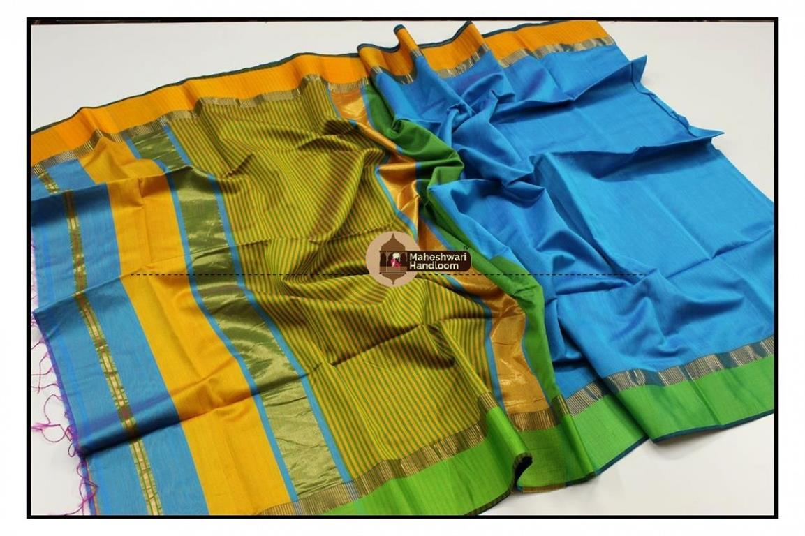 Maheshwari Sea Blue Ganga Jamuna Border saree