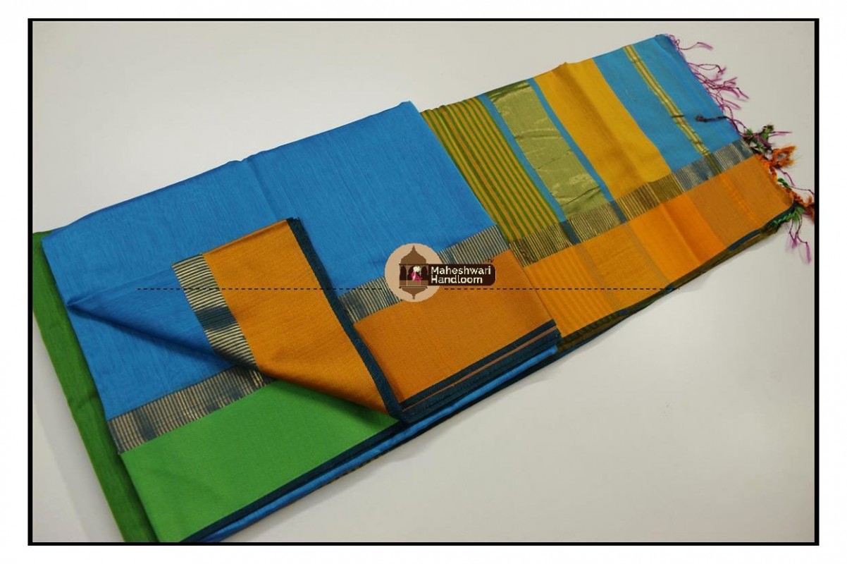 Maheshwari Sea Blue Ganga Jamuna Border saree