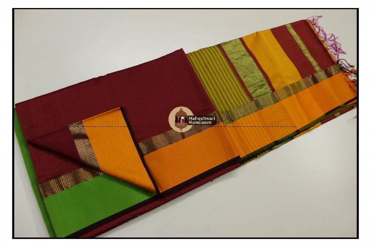 Maheshwari Maroon Red Ganga Jamuna Border saree